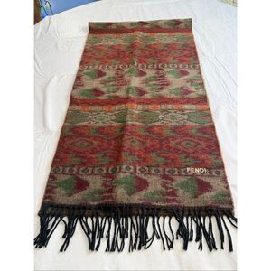 FENDI Vintage Southwestern Large Scarf/Wrap With Fringe Embroidered Logo